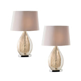 Brockstead Twin Pack Table Lamps in Gold, dimpled teardrop glass bases on chrome metalwork with mink oval faux silk shades, on a white background.