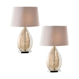 Brockstead Table Lamp Twin Pack in Gold, featuring dimpled teardrop glass bodies on chrome bases with mink oval faux silk shades, on a white background.