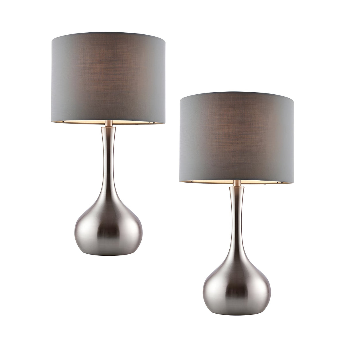 Endon Chartbury LED table lamp twin pack with satin nickel teardrop bases and grey fabric drum shades on a plain white background.
