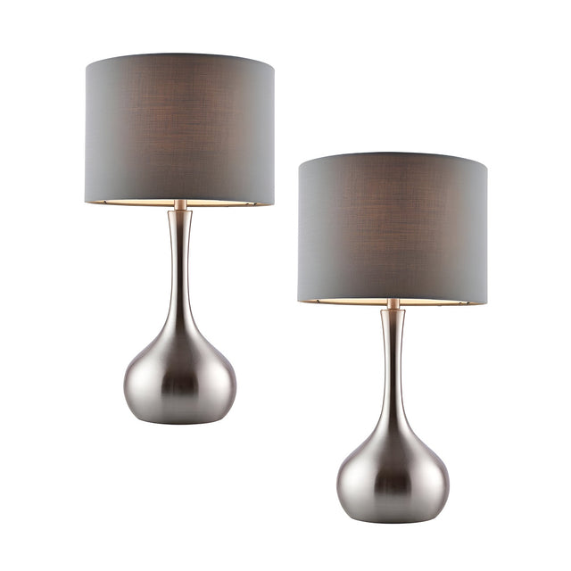 Endon Chartbury LED table lamp twin pack with satin nickel teardrop bases and grey fabric drum shades on a plain white background.