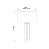 Dimension diagram of the Endon Caldley table lamp showing a 35cm drum shade and 57cm total height with a cylindrical base.