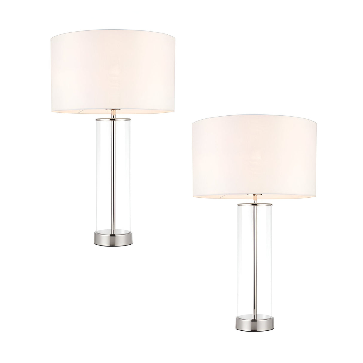 Endon Caldley twin pack table lamps with clear cylindrical glass bases, nickel fittings and vintage white faux silk drum shades on a white background.