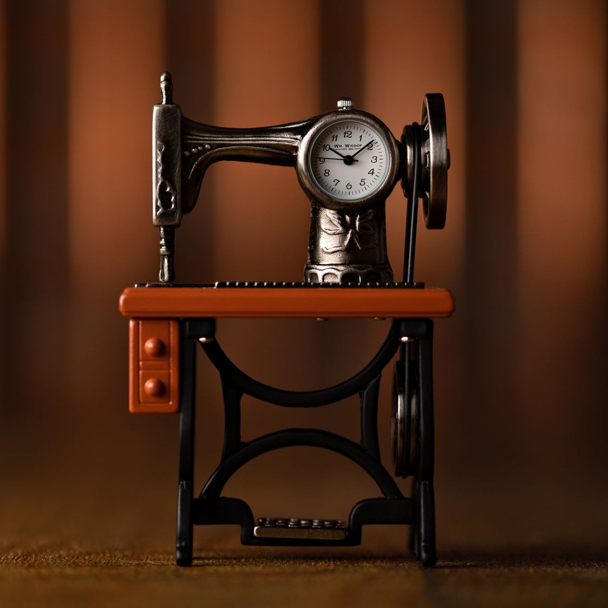 Miniature Sewing Machine Metal Mantel Clock - Silver & Black