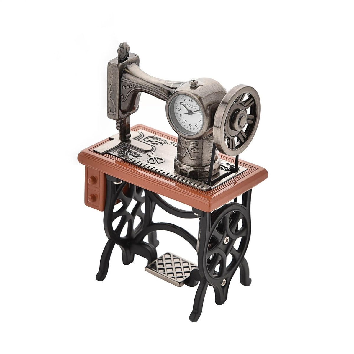 Miniature Sewing Machine Metal Mantel Clock - Silver & Black