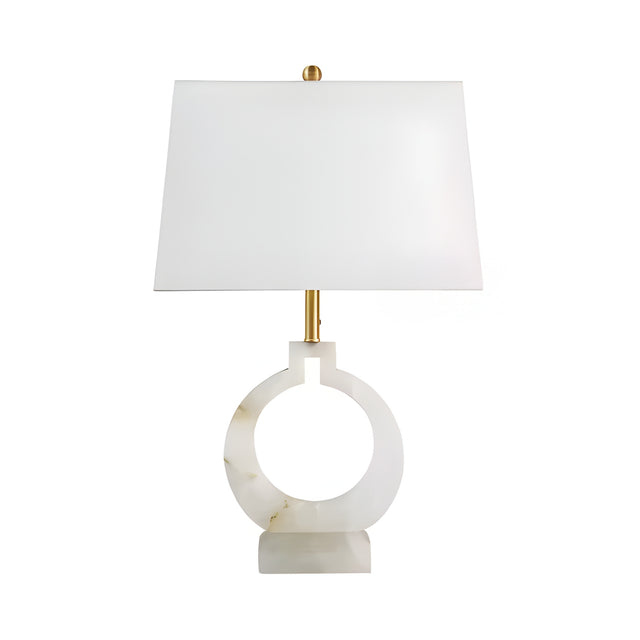 The Ardella 1 Light Circular Alabaster Table Lamp in Brass & Soft White features a modern design with an open-center alabaster base, gold-toned stem, and a large white rectangular shade.