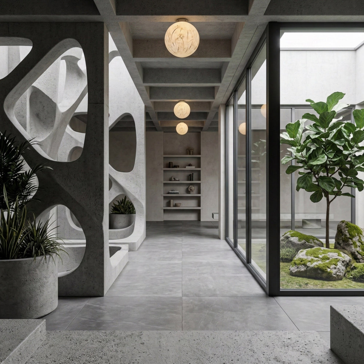 A modern, minimalist interior with concrete walls, geometric partitions, potted plants, and large glass windows overlooking a Zen garden. Lunar Flush Ceiling Light - White fixtures provide ambient lighting along the hallway.