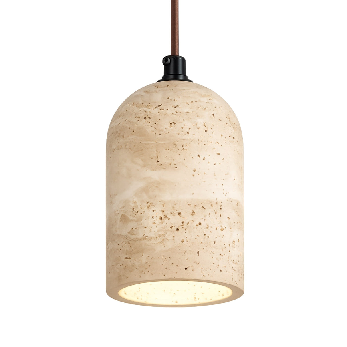 The Belvora 1 Light Capsule Dome Travertine Single Pendant Light in light beige features a cylindrical, dome-topped natural stone shade with subtle texture, suspended by a dark metal fixture and rod.