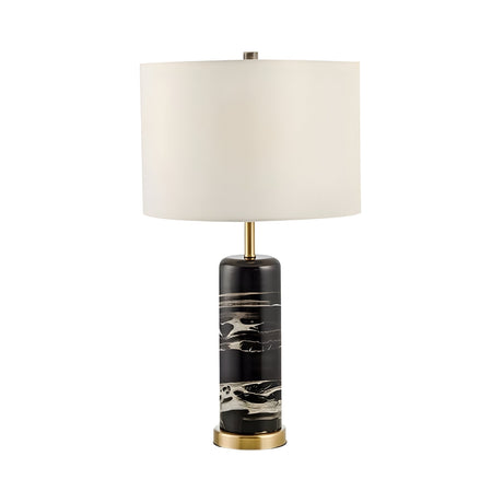 The Lunvera 1 Light Accent Ring Marble Table Lamp features a cylindrical black marble base, brass accent ring, and a large white drum-shaped shade for a modern look.