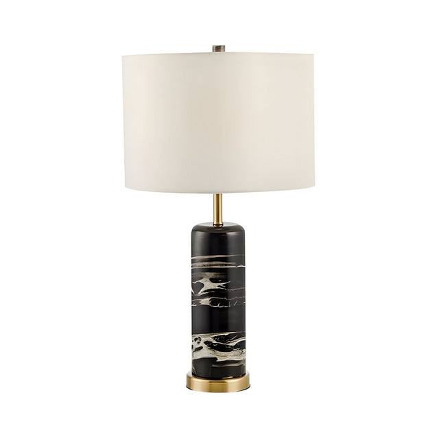 The Lunvera 1 Light Accent Ring Marble Table Lamp features a cylindrical black marble base, brass accent ring, and a large white drum-shaped shade for a modern look.