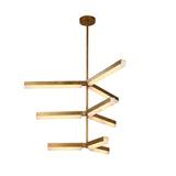 Elvaris LED 3-Tier Radial Alabaster Chandelier in brushed brass, with six illuminated alabaster bars set at rotating angles on a central rod, shown against a plain white background.