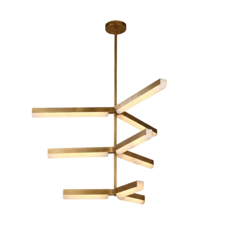 Elvaris LED 3-Tier Radial Alabaster Chandelier in brushed brass, with six illuminated alabaster bars set at rotating angles on a central rod, shown against a plain white background.