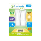 Introducing the E-Luminate 4.9W Non-Dimmable LED Candle Bulb, priced at just Â£2.99. This B22 candle-shaped bulb, available in a warm white 2700K hue, delivers 470 lumens and boasts an impressive energy efficiency of 90%, with a lifespan of up to 15 years. Although it has an F energy rating and is non-dimmable, it ensures enduring brilliance for your home lighting needs.