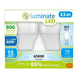 Packaging of an E-Luminate 8.5W Non-Dimmable LED GLS Bulb, featuring a B22 fitting and a daylight color temperature of 6500K. This energy-efficient bulb offers 806 lumens, comparable to a traditional 60W bulb, with up to 85% energy savings and an impressive lifespan of up to 15 years. Each pack is available for just Â£3.49 and holds an energy efficiency rating of F.