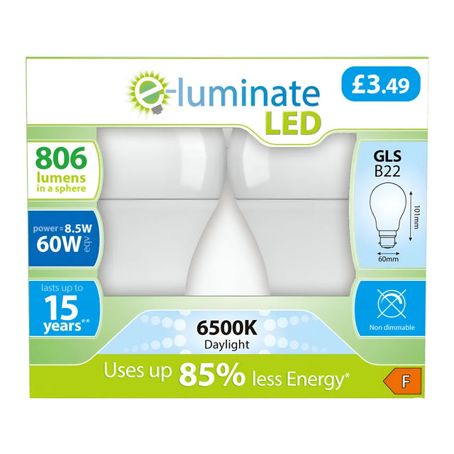 Packaging of an E-Luminate 8.5W Non-Dimmable LED GLS Bulb, featuring a B22 fitting and a daylight color temperature of 6500K. This energy-efficient bulb offers 806 lumens, comparable to a traditional 60W bulb, with up to 85% energy savings and an impressive lifespan of up to 15 years. Each pack is available for just Â£3.49 and holds an energy efficiency rating of F.