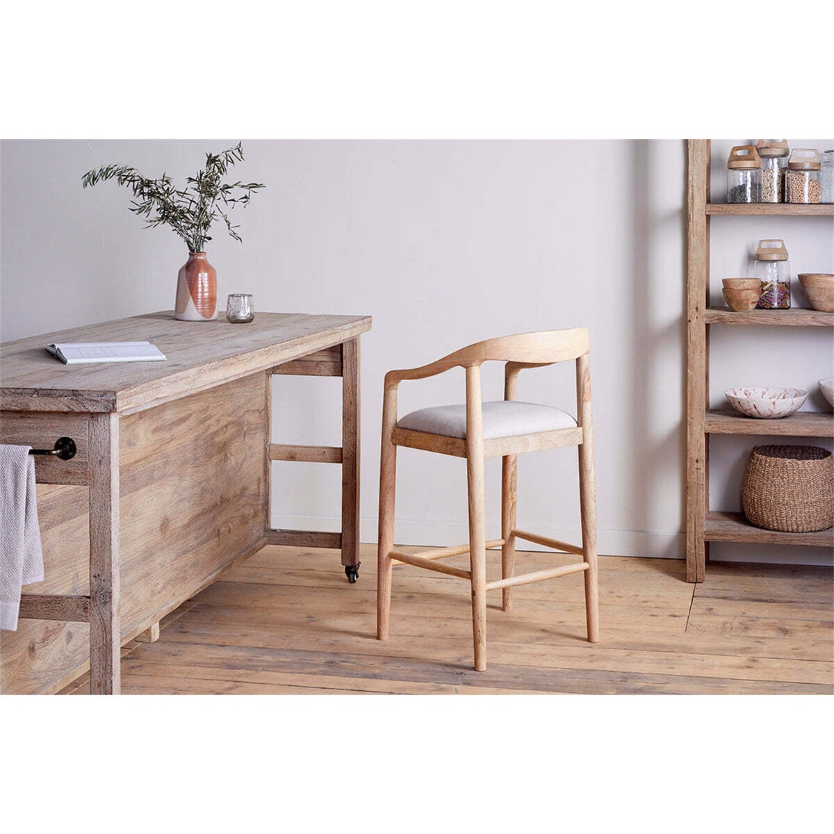 Anbu Mango Wood Upholstered Counter Stool - Natural