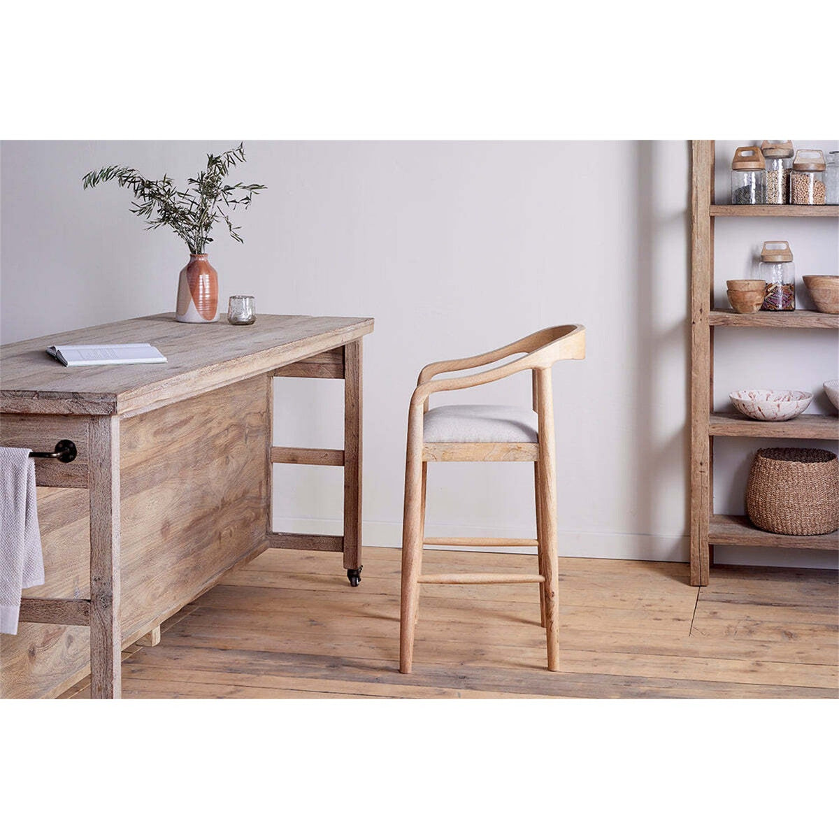 Anbu Mango Wood Upholstered Counter Stool - Natural