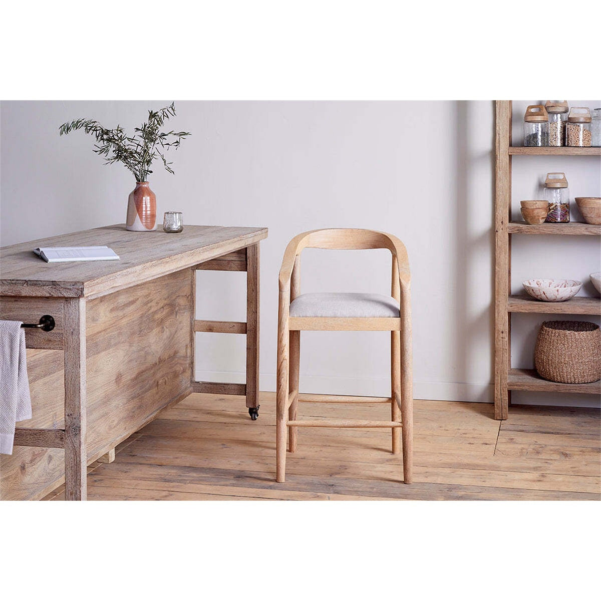 Anbu Mango Wood Upholstered Counter Stool - Natural