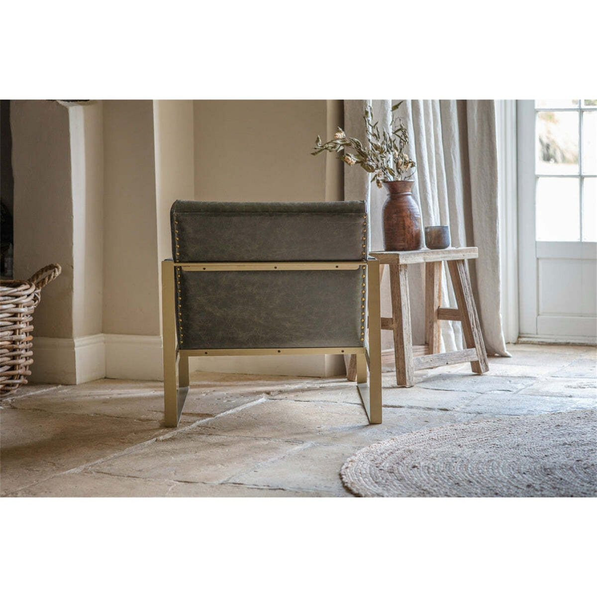 Adra Leather & Brass Armchair - Moss Green