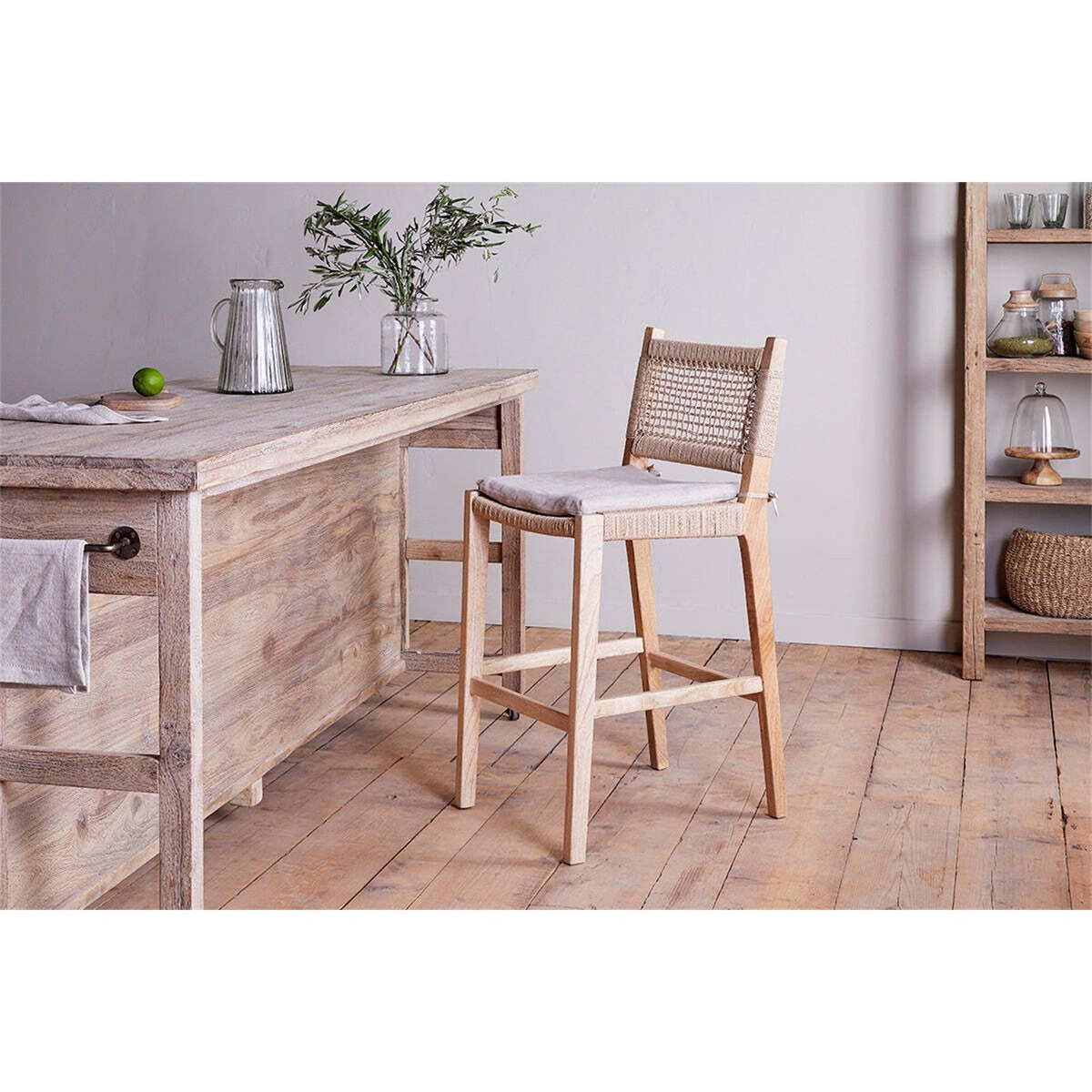 Aamani Mango Wood Cord Back Counter Stool - Natural