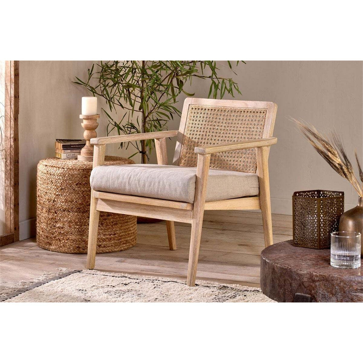 Atri Mango Wood & Cane Armchair - Natural