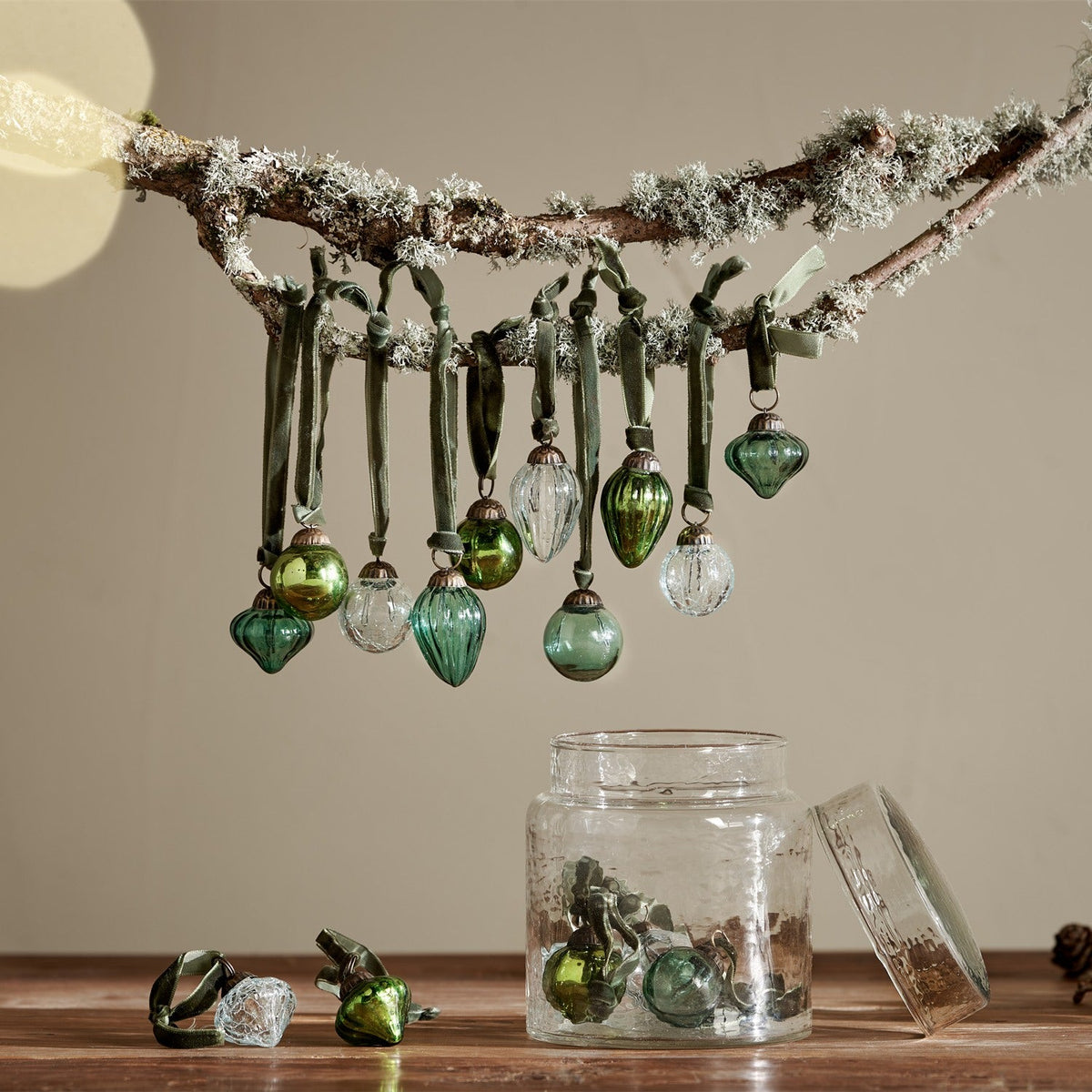 Adisa Glass Baubles in a Jar - Green & Clear - Set of 16