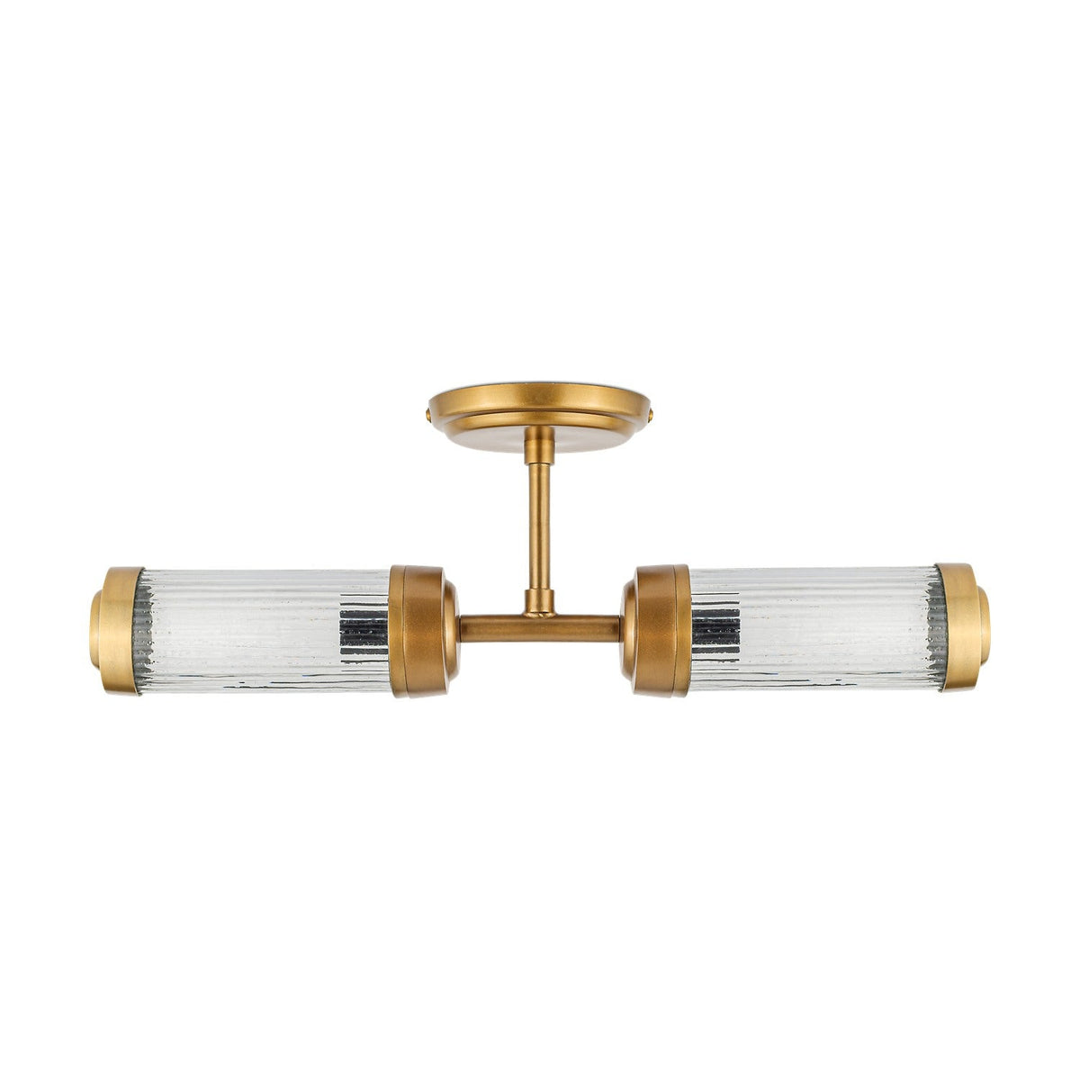 Akurdi 2 Light Bathroom Wall Light in Clear, with two ribbed glass cylinders capped in brass, mounted on a round brass wall plate, shown on a plain white background.