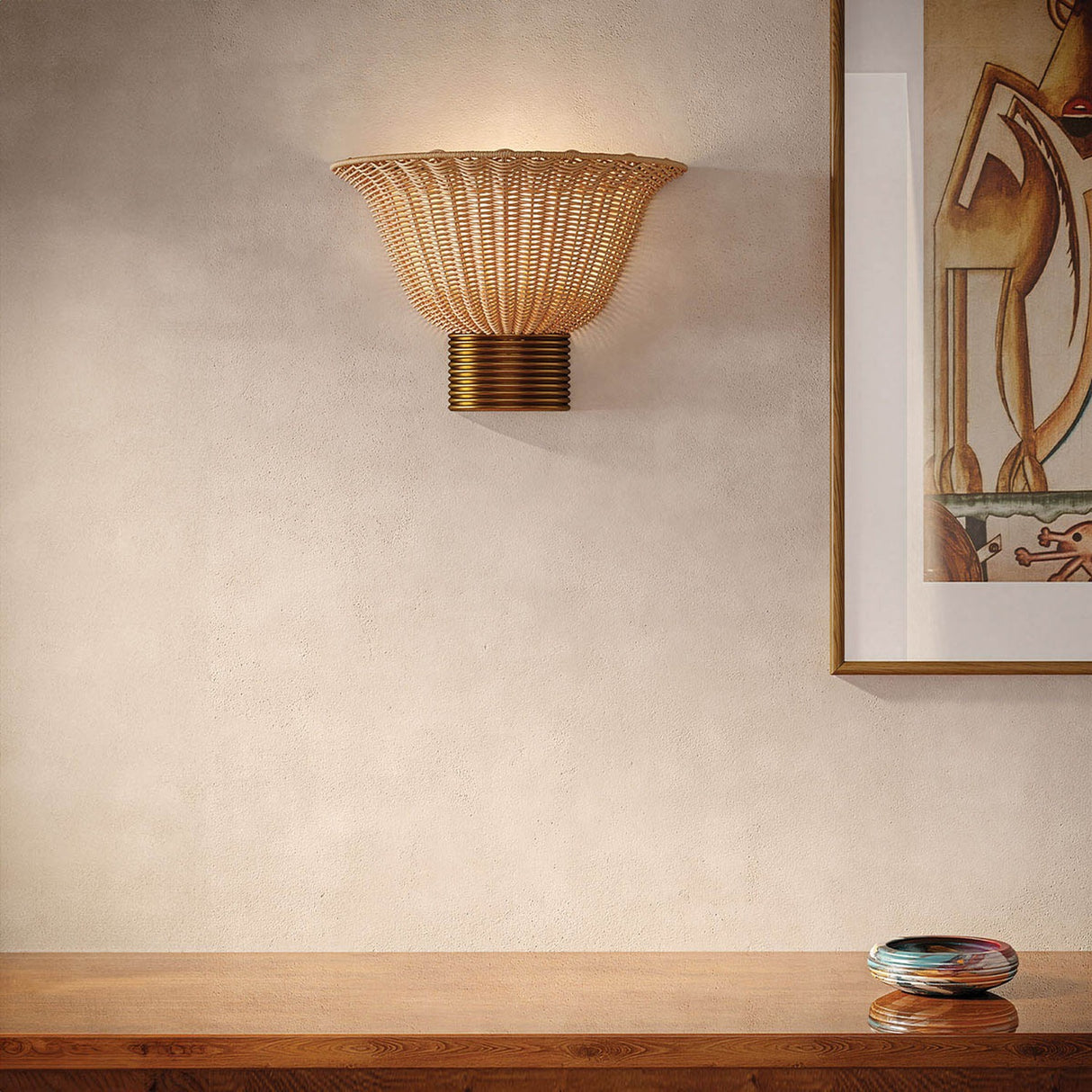 Kai 2 Light Wall Light - Brushed Gold & Rattan