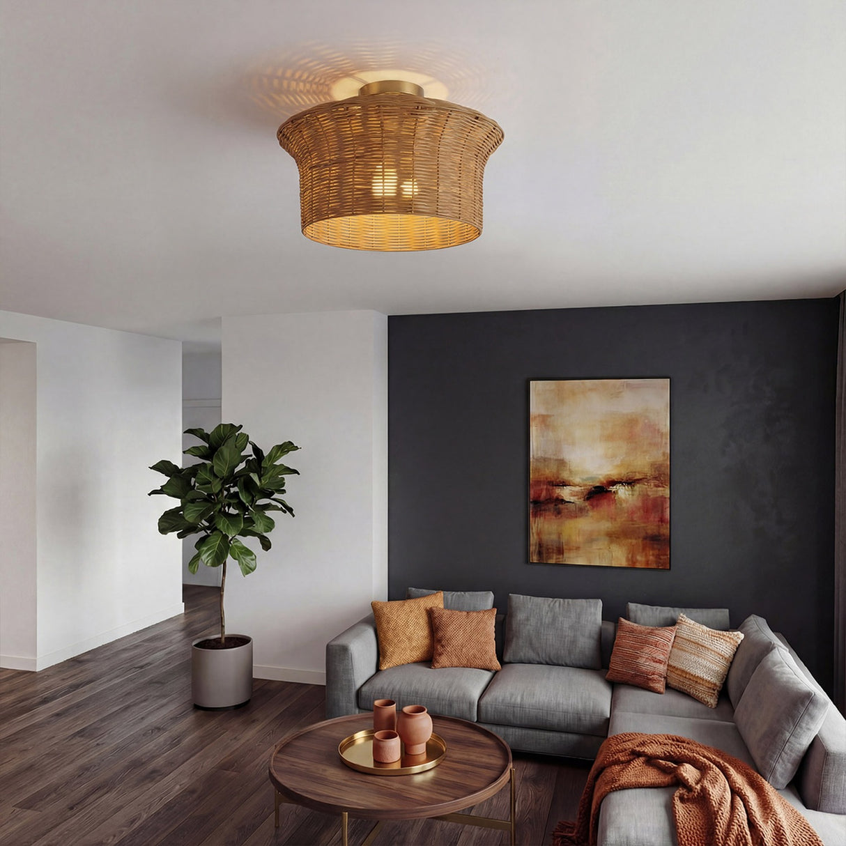 Kai 1 Light Flush Ceiling Light - Brushed Gold & Rattan