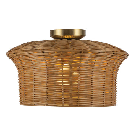 Kai 1 Light Flush Ceiling Light - Brushed Gold & Rattan