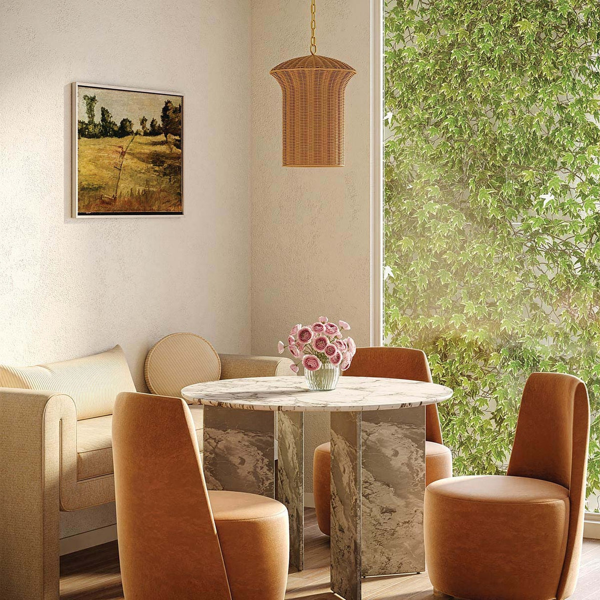 Kai 1 Light Small Pendant Light - Brushed Gold & Rattan