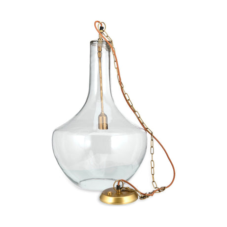 Agatarla Large Recycled Glass Pendant Light in clear flask-shaped glass with brass chain, rust braided flex, and brass ceiling plate on a white background.