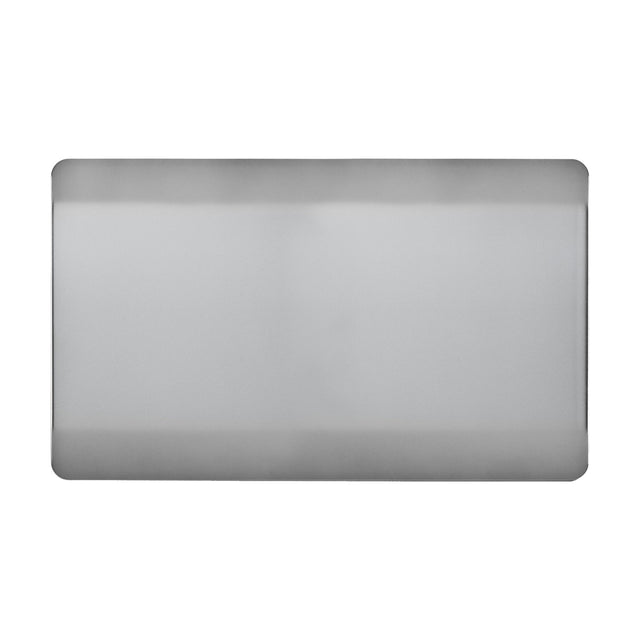 Double blanking plate in brushed steel with a screwless, rectangular design and softly squared edges, shown on a plain white background.