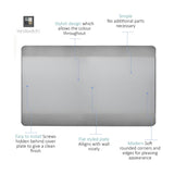 Double blanking plate in brushed steel with a screwless, flat rectangular design and softly rounded corners, shown on a plain white background with feature callouts.