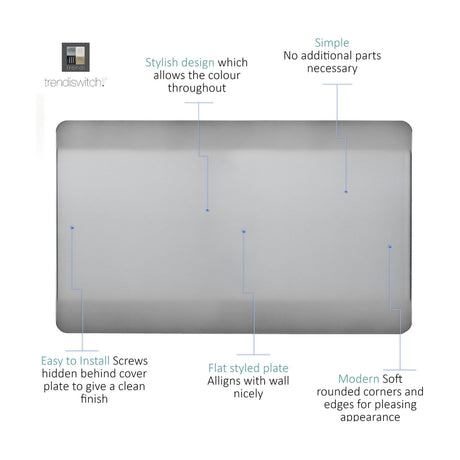 Double blanking plate in brushed steel with a screwless, flat rectangular design and softly rounded corners, shown on a plain white background with feature callouts.