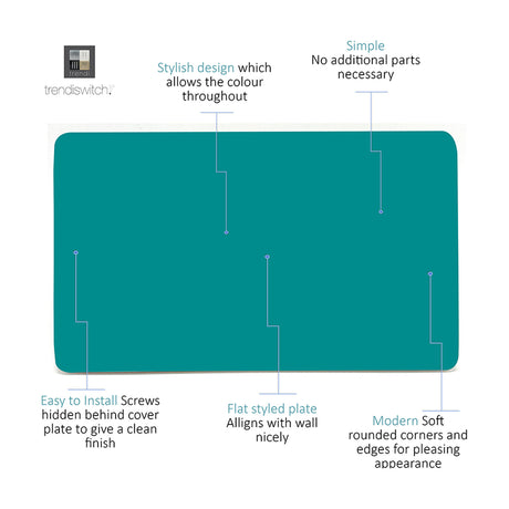 Double blanking plate in bright teal polycarbonate, screwless flat-fronted 2-gang cover with rounded corners, shown with feature callouts on a white background.