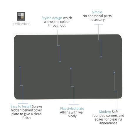 Double Blanking Plate in charcoal, a screwless two gang cover with rounded corners and no visible fixings, shown on a white background with feature callouts.