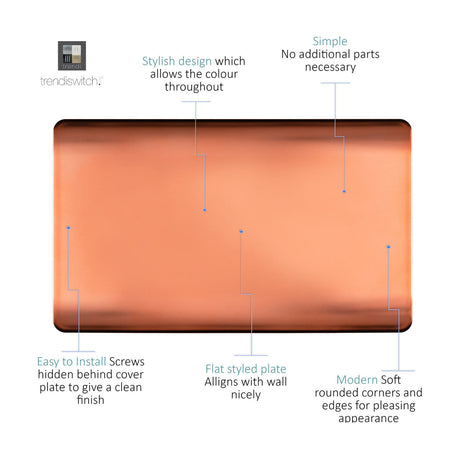 Double Blanking Plate in copper finish, a screwless flat cover with rounded corners, shown with callout labels describing its design features on a white background.