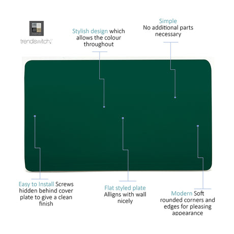 Double blanking plate in dark green, flat screwless rectangular polycarbonate cover with rounded corners, shown with labelled callouts on a white background.