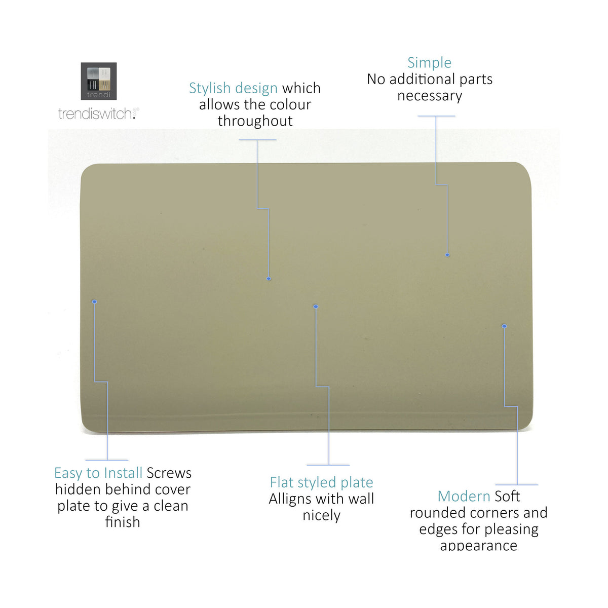 Double Blanking Plate in champagne gold, a screwless flat rectangular panel with rounded corners, shown with feature callouts on stylish design, hidden screws, and modern flat styling.