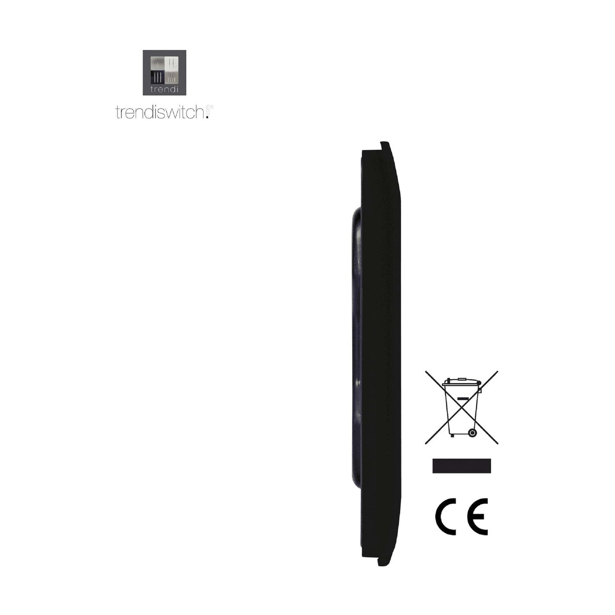 Side profile of the Double Blanking Plate in matt black, showing a slim screwless polycarbonate design, with CE and disposal symbols shown alongside on a white background.