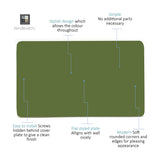 Double Blanking Plate in moss green polycarbonate, screwless 2-gang design with flat, rounded-corner finish, shown with feature callouts on a white background.