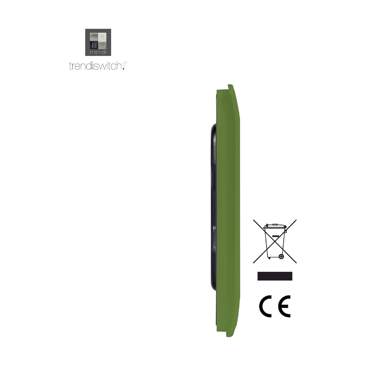Side view of a double blanking plate in moss green polycarbonate with a screwless, curved profile, shown against a plain white background beside CE and WEEE symbols.