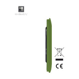 Side view of a double blanking plate in moss green polycarbonate with a screwless, curved profile, shown against a plain white background beside CE and WEEE symbols.