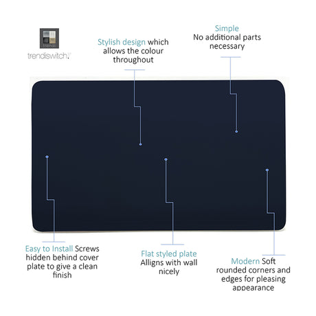Double Blanking Plate in navy blue, a screwless two-gang cover plate with flat, rounded-edge design and hidden fixing screws, shown on a plain white background.