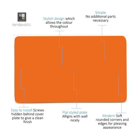 Double Blanking Plate in orange, a screwless two gang polycarbonate cover with a flat, rounded-corner design and no visible screws or apertures, shown with feature callouts on a white background.