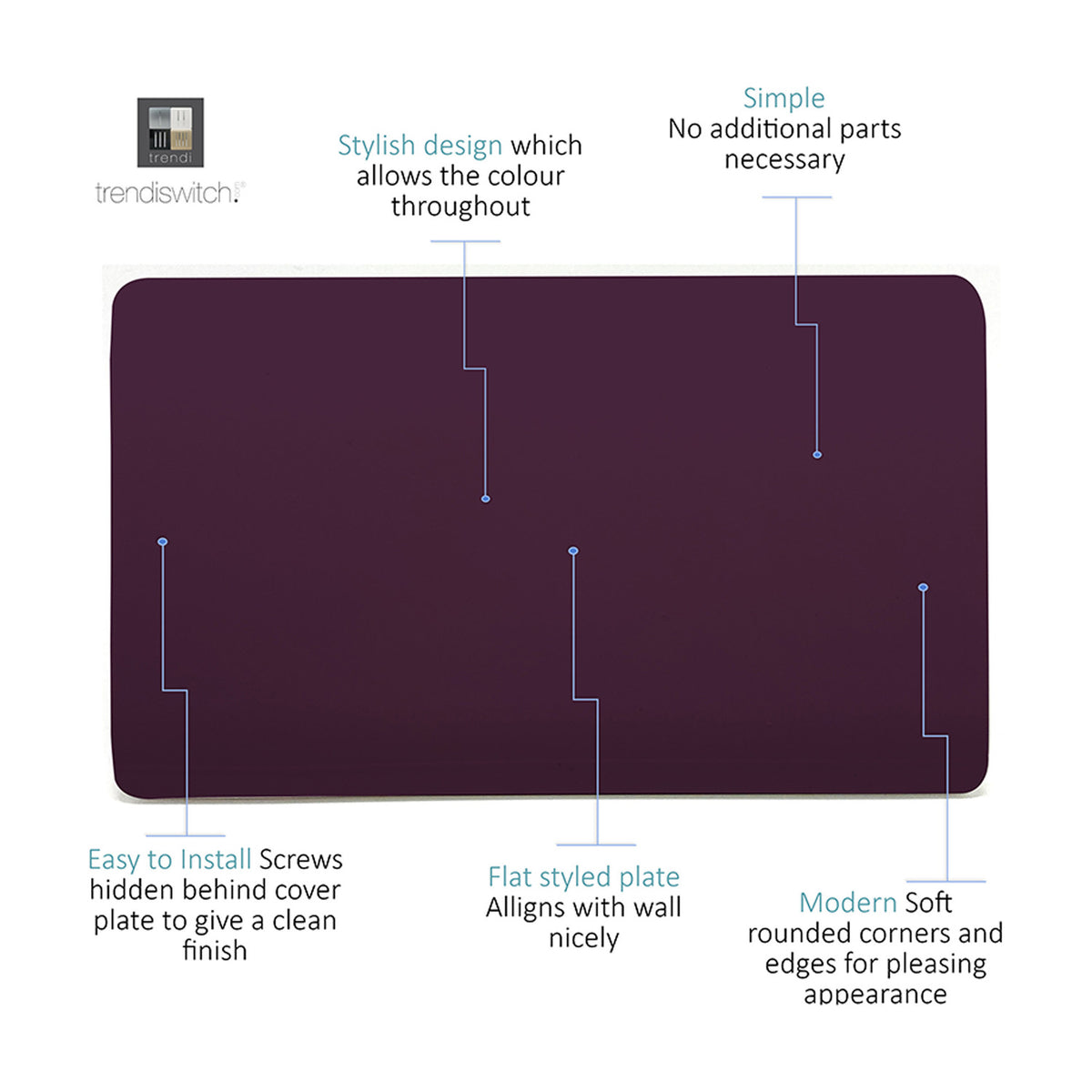 Double Blanking Plate in Plum, a screwless double-gang polycarbonate cover with a flat, unbroken deep purple face and rounded edges, shown on a white background with feature callouts.