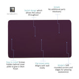 Double Blanking Plate in Plum, a screwless double-gang polycarbonate cover with a flat, unbroken deep purple face and rounded edges, shown on a white background with feature callouts.