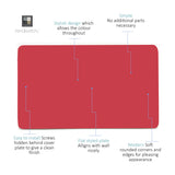 Double Blanking Plate in Strawberry red, a flat two-gang screwless cover with rounded corners, shown with callouts describing its stylish, easy-install design.