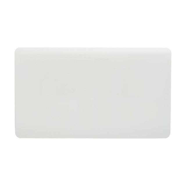 Double Blanking Plate in ice white, a rectangular screwless two gang cover with a flat, unbroken polycarbonate front, shown on a plain white background.
