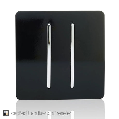 2 Gang Doorbell in piano gloss black with a screwless square plate and two vertical chrome rocker switches, shown on a plain white background.